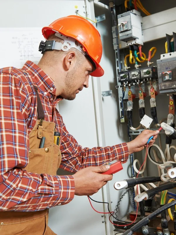 Elektriker bei dem Vermessen auf der Arbeit
