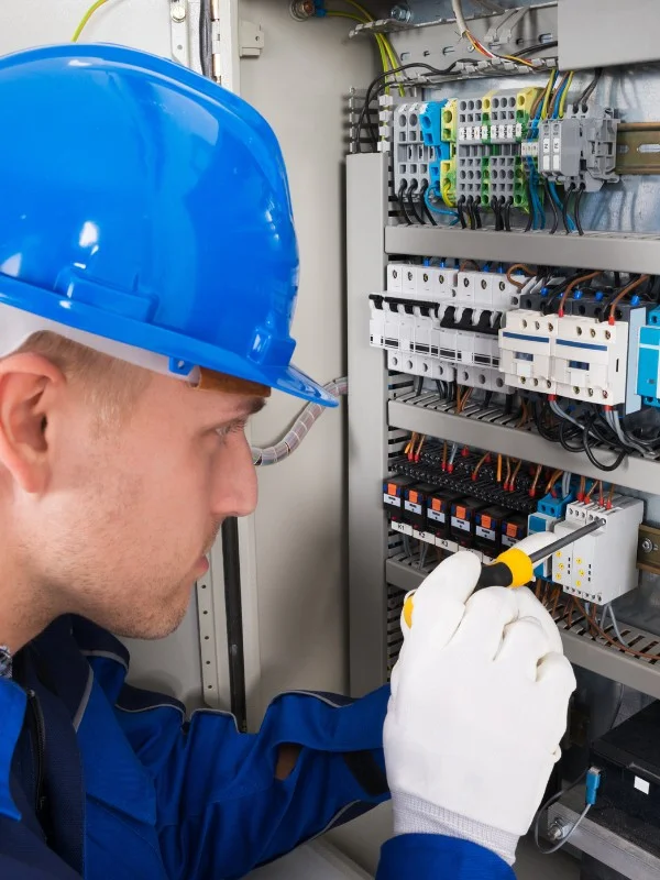 Ein Elektriker arbeitet an einem Sicherungskasten