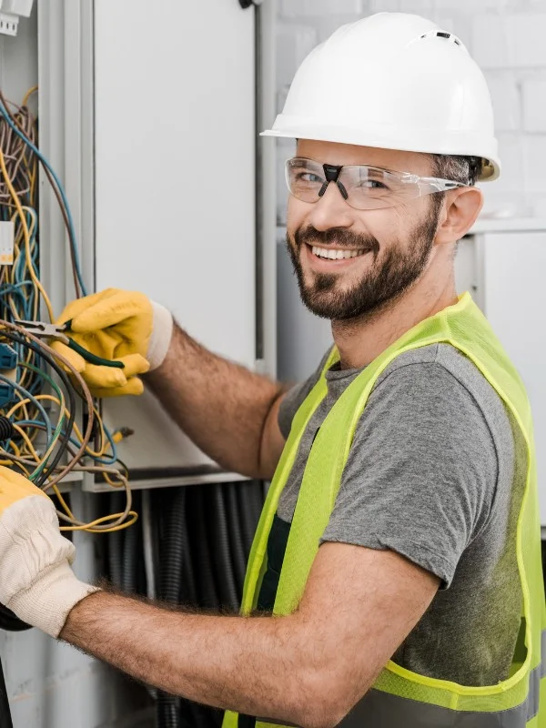 Ein glücklicher Mann bei der Arbeit als Elektriker