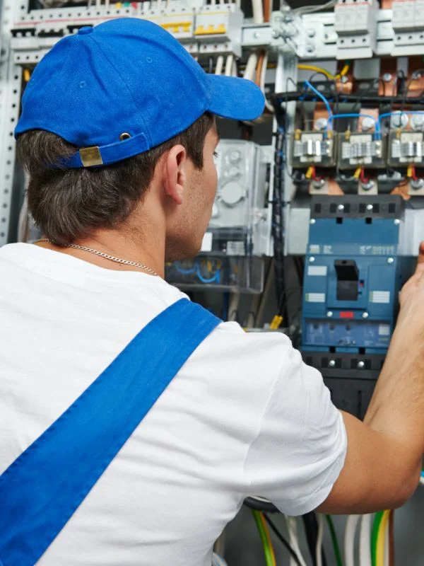 Ein Elektriker arbeitet an einem Schaltkasten