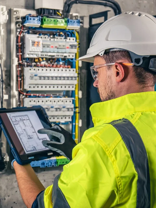 Ein Elektriker, der an einem Schaltkasten arbeitet