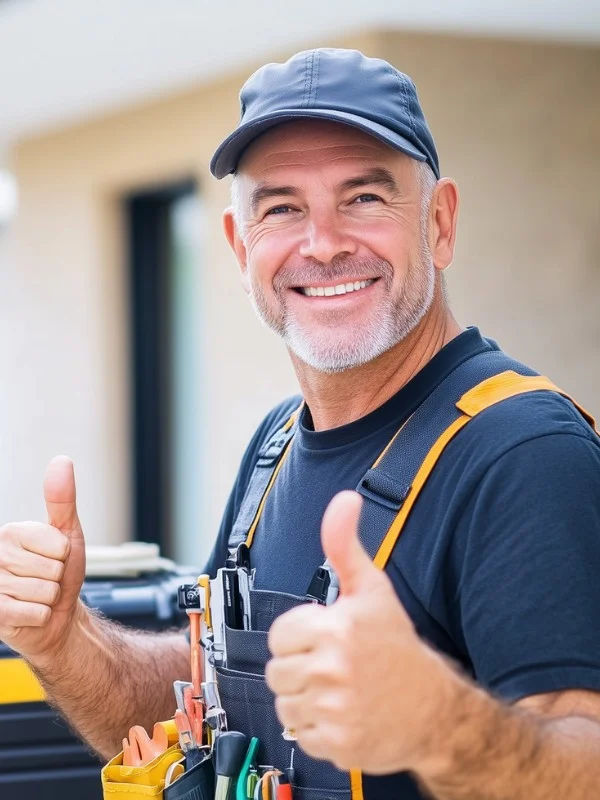 Ein glücklicher Elektriker zeigt Daumen hoch