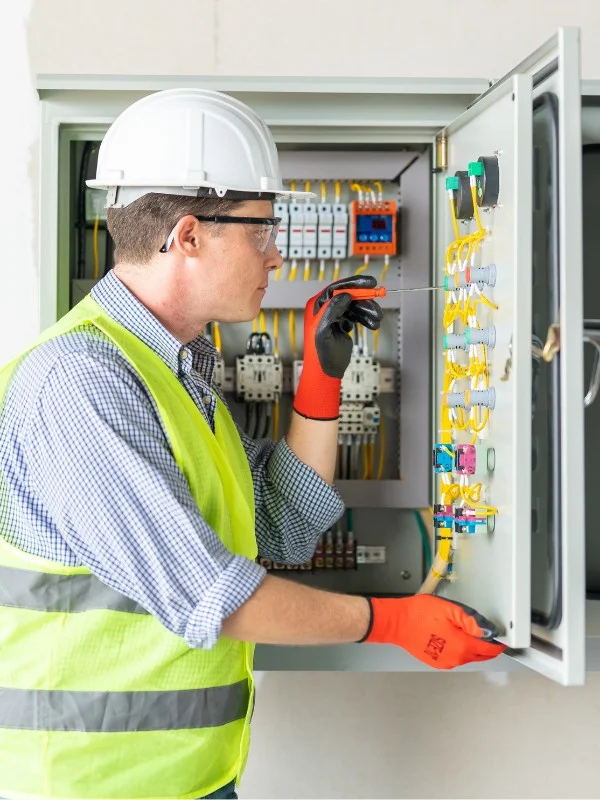 Ein Elektriker an einem Sicherungskasten