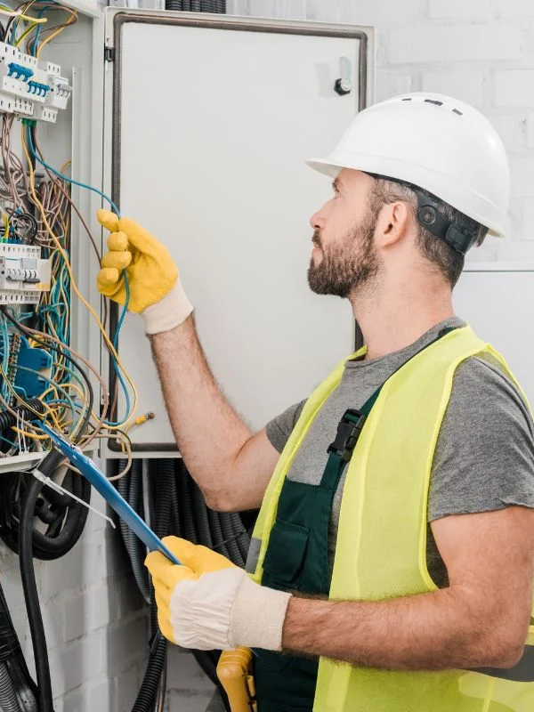 Ein Elektriker arbeitet an einem Schaltkasten