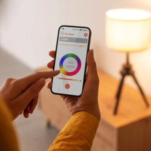 Eine Person benutzt ihr Handy um ihre Smarthome Technik zu steuern