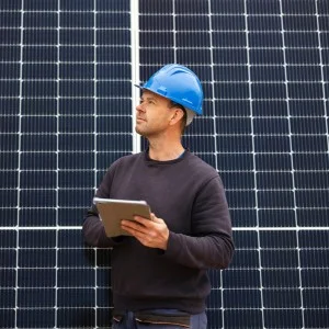 Ein Solartechnik steht vor einigen Photovoltaikpanelen
