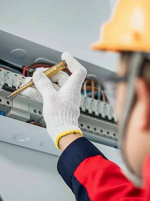 Ein Elektriker arbeitet an einem Schaltkasten